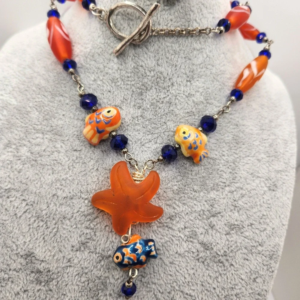 Boho Murano Glass Starfish Porcelain Fish Station Necklace Artisan Beachy Summer